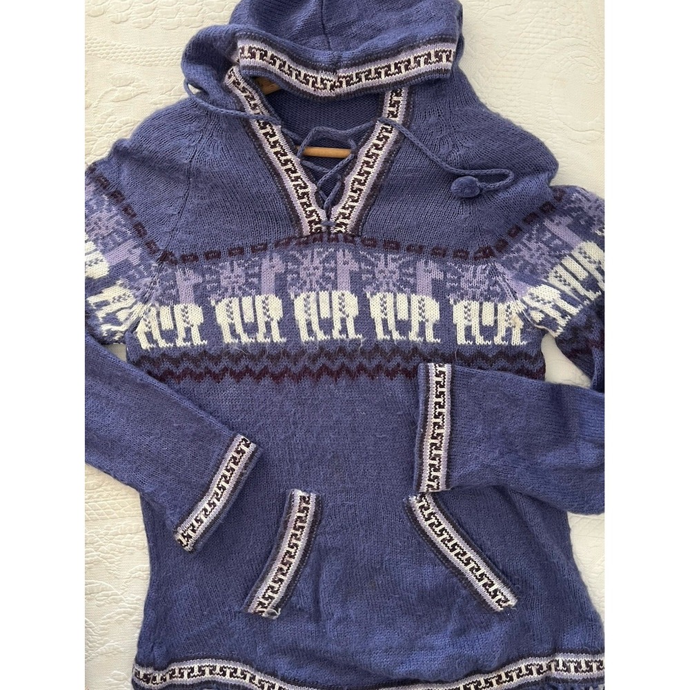 Vintage Hippie Tunic Sweater Top Peru Alpaca Tie Hoodie V Neck Size Med Purple